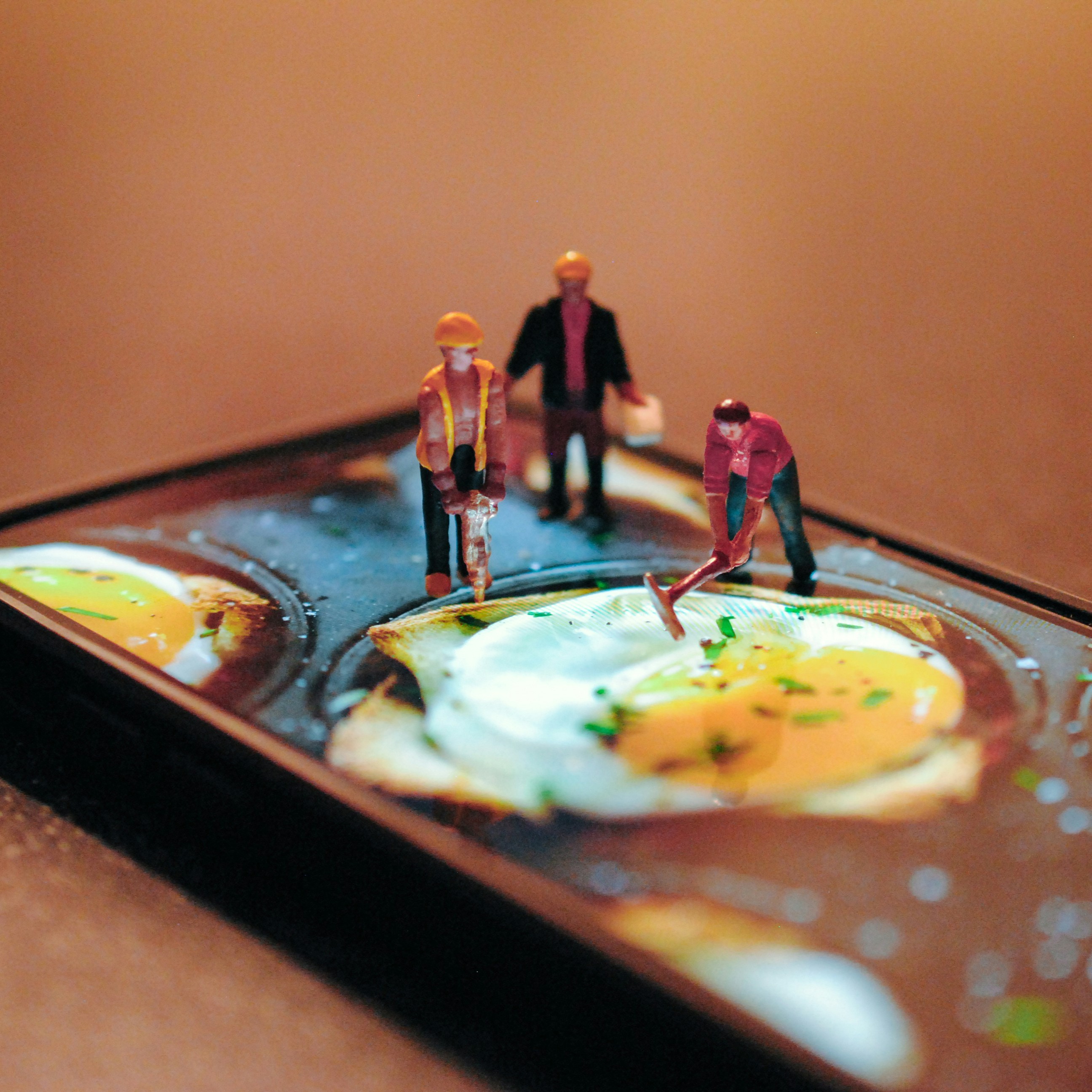 Miniature workers on a mobile phone screen displaying an abstract image, with one drilling and another sweeping in a macro photo.
