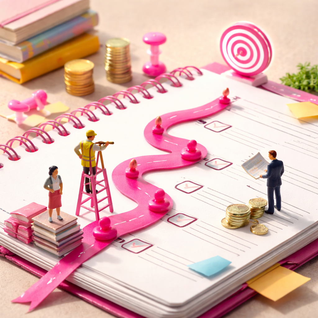 Miniature figures on a pink checklist notebook with coins, books, and a winding path representing milestones.